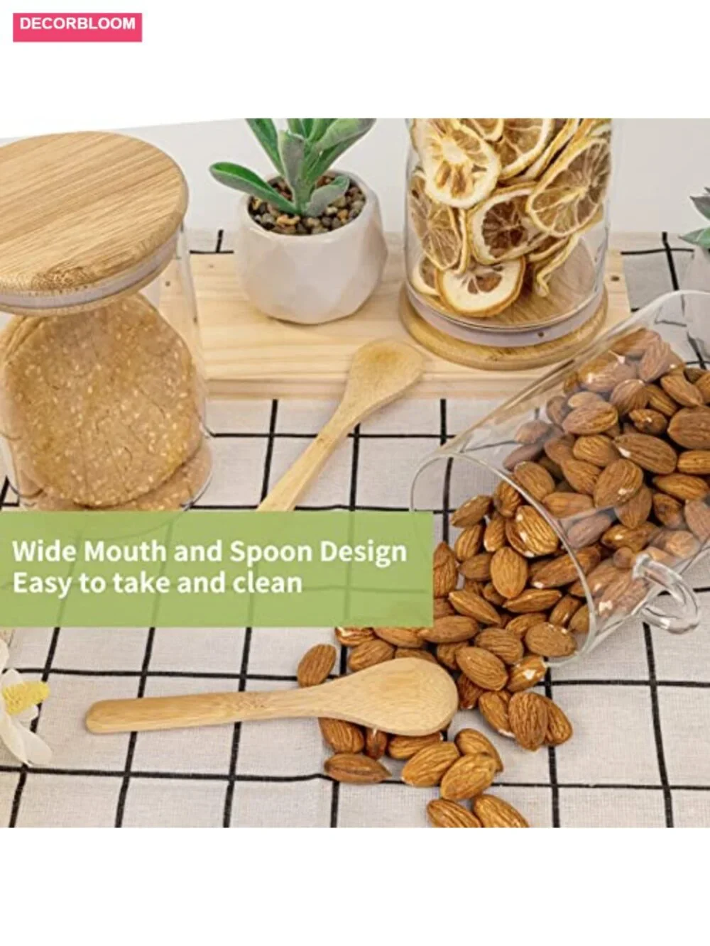 Airtight Glass Food Storage Canisters with Bamboo Lids and Spoons, 20 oz Set of